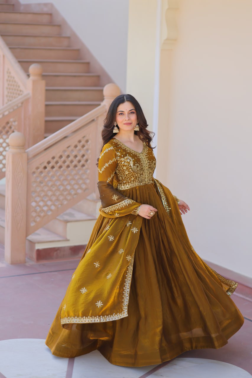 Classic Mehendi Green Embroidered Fendi Anarkali Gown With Dupatta