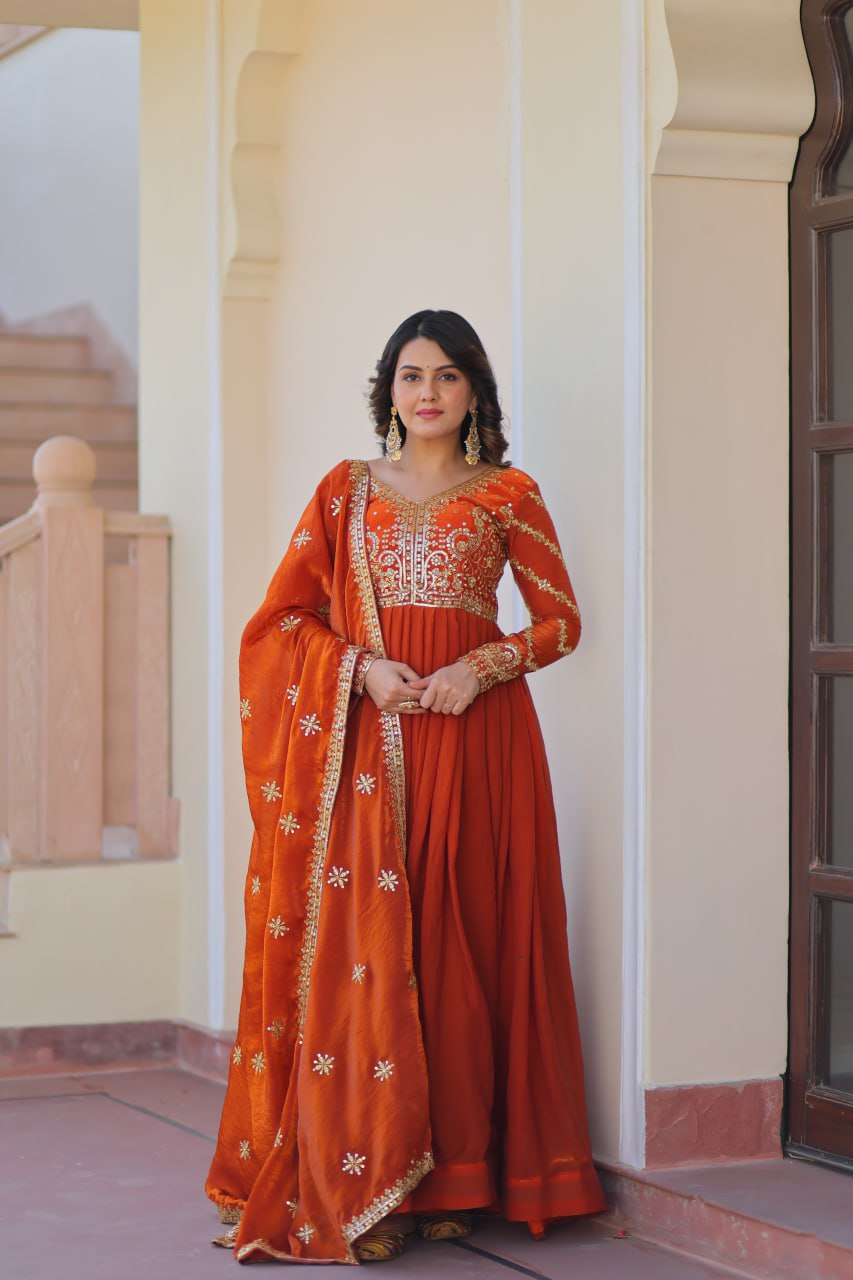 Sunset Orange Embroidered Fendi Anarkali Gown With Dupatta