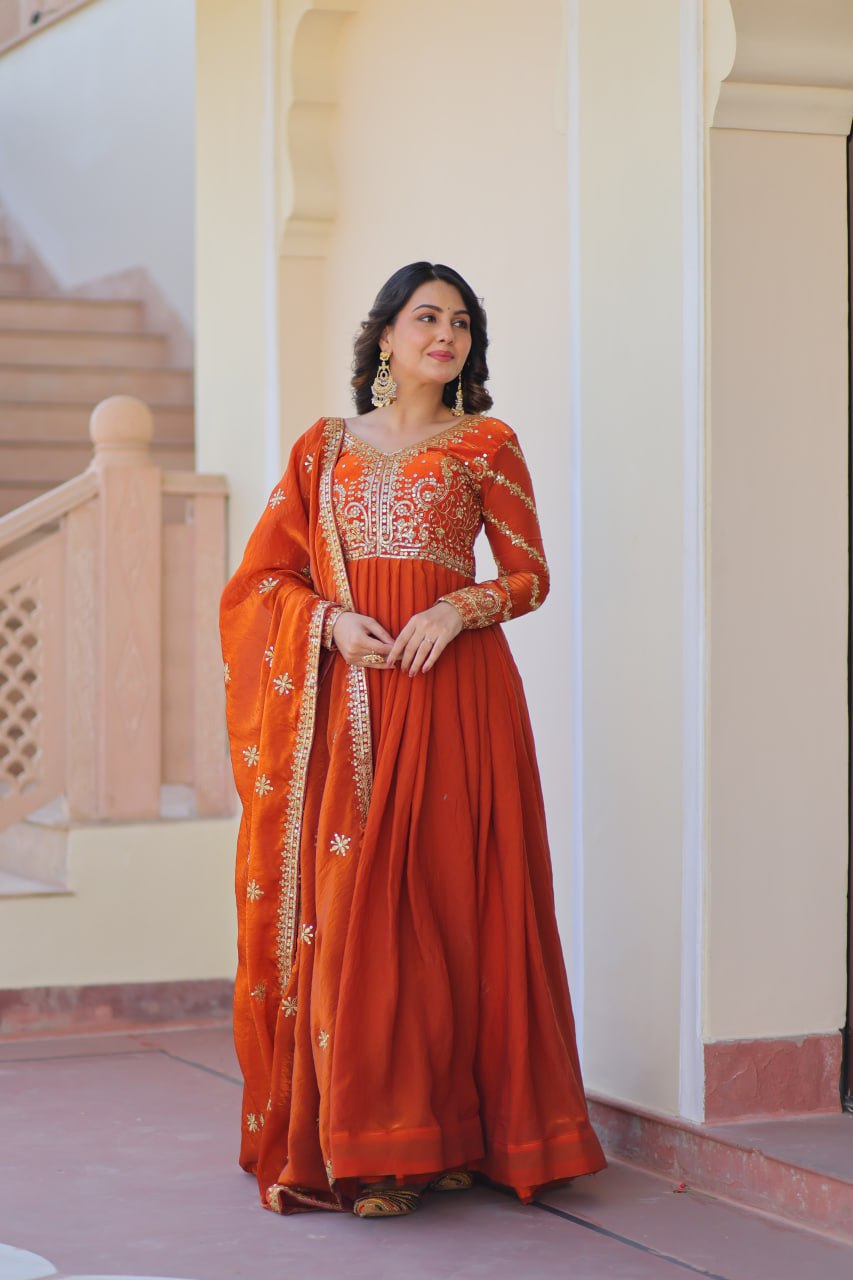 Sunset Orange Embroidered Fendi Anarkali Gown With Dupatta