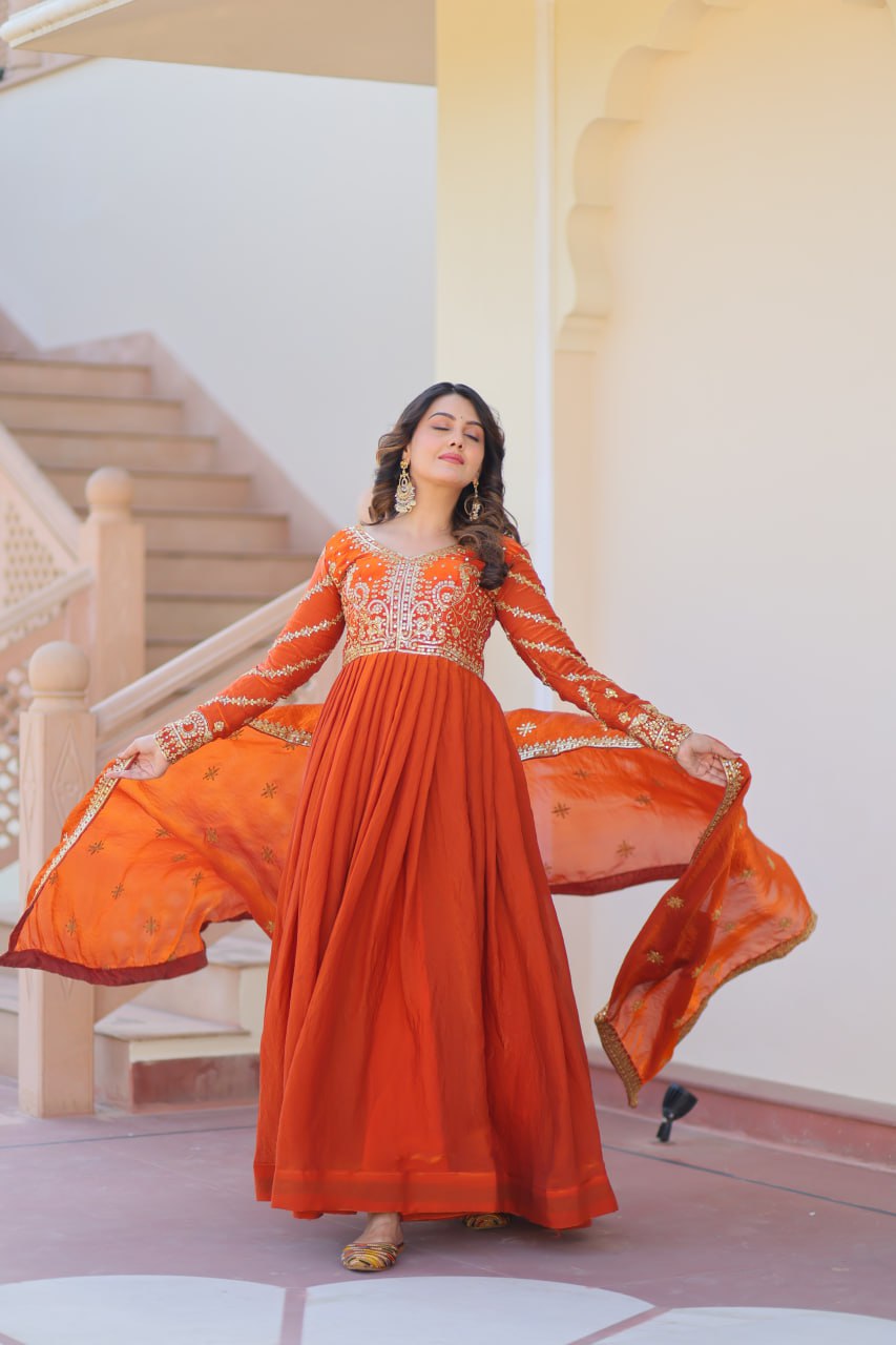 Sunset Orange Embroidered Fendi Anarkali Gown With Dupatta