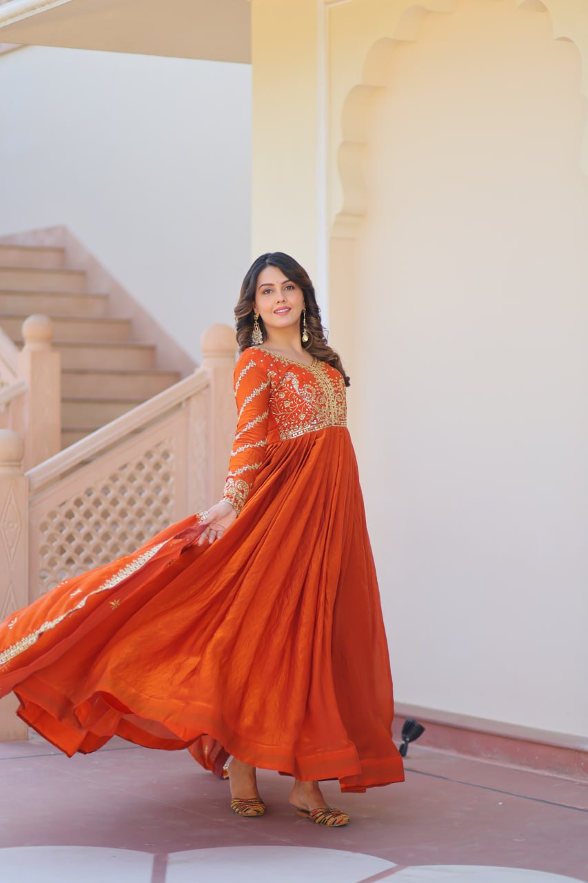 Sunset Orange Embroidered Fendi Anarkali Gown With Dupatta