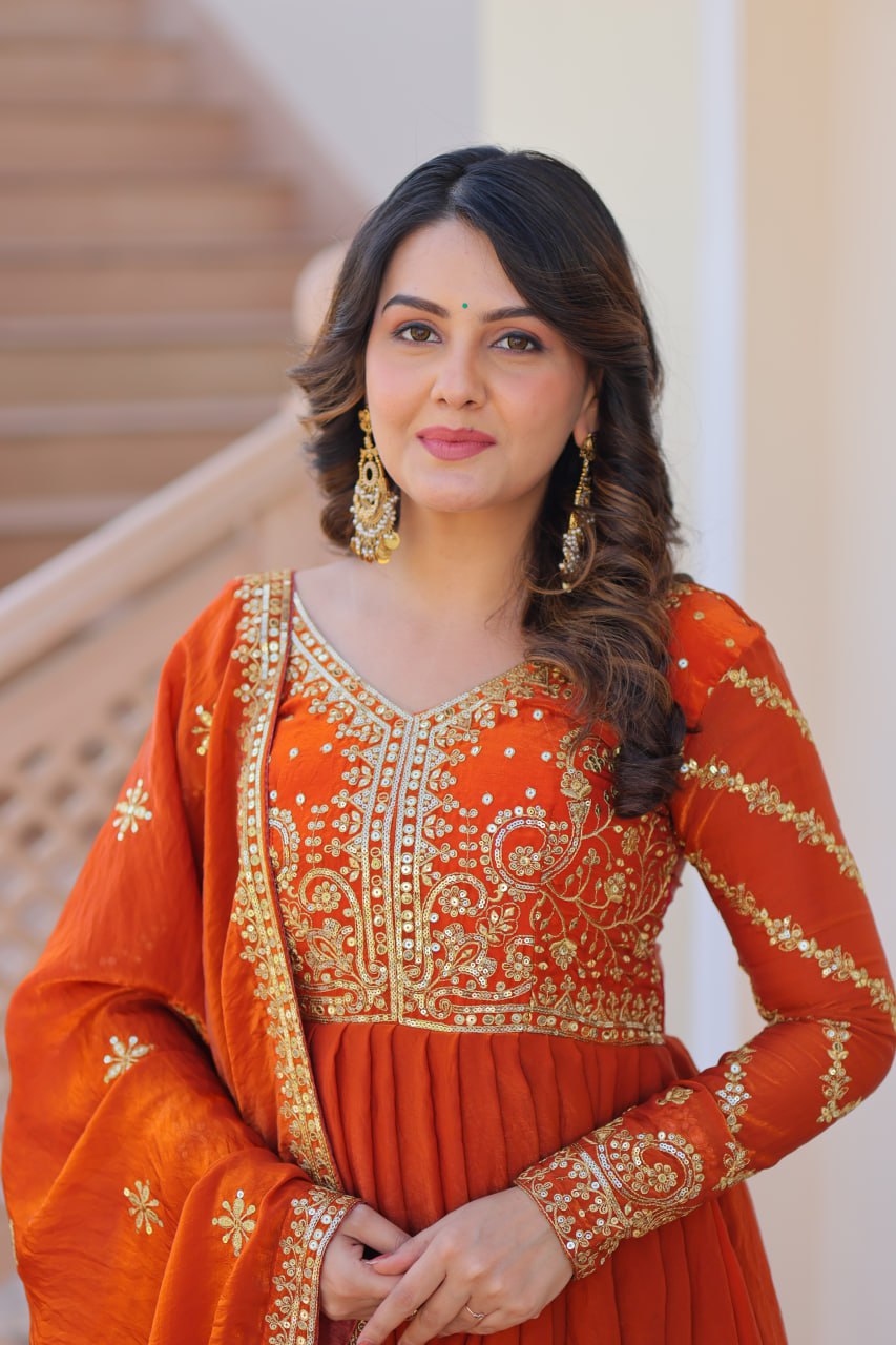 Sunset Orange Embroidered Fendi Anarkali Gown With Dupatta