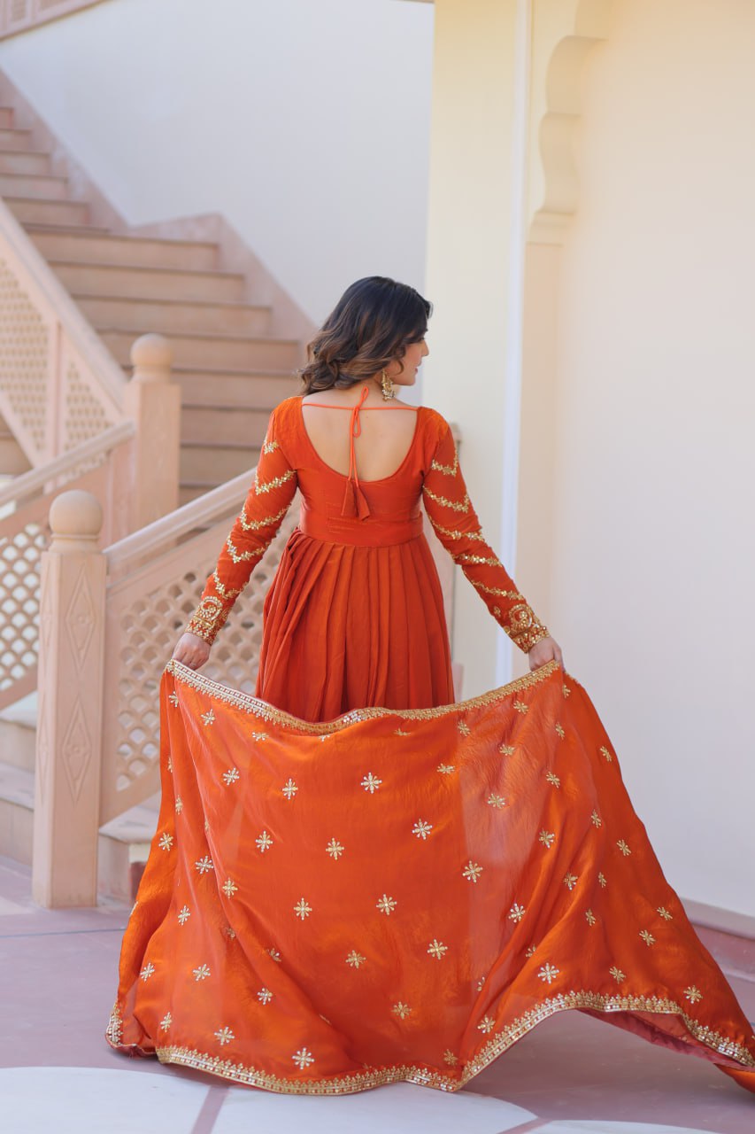 Sunset Orange Embroidered Fendi Anarkali Gown With Dupatta