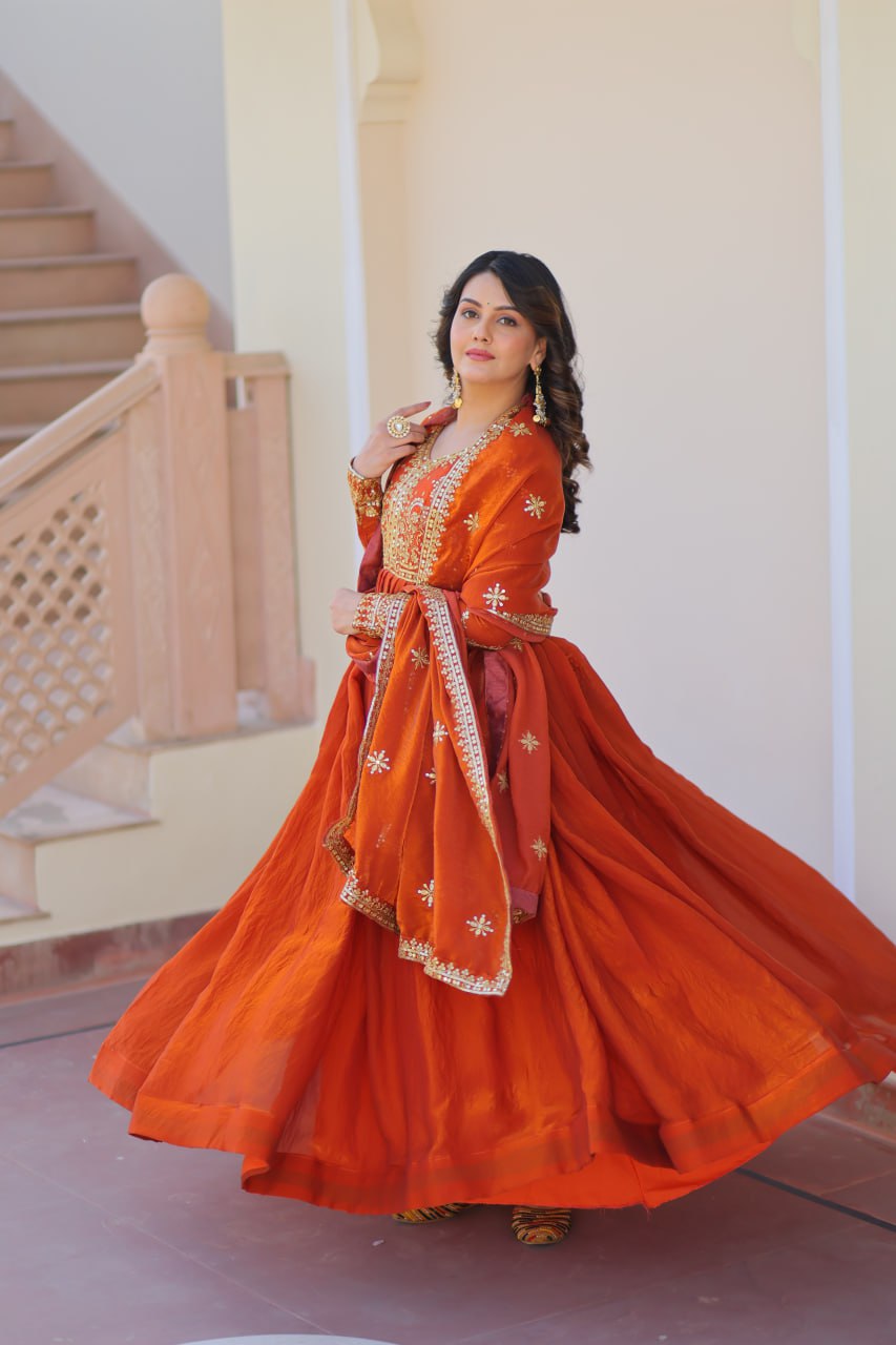 Sunset Orange Embroidered Fendi Anarkali Gown With Dupatta