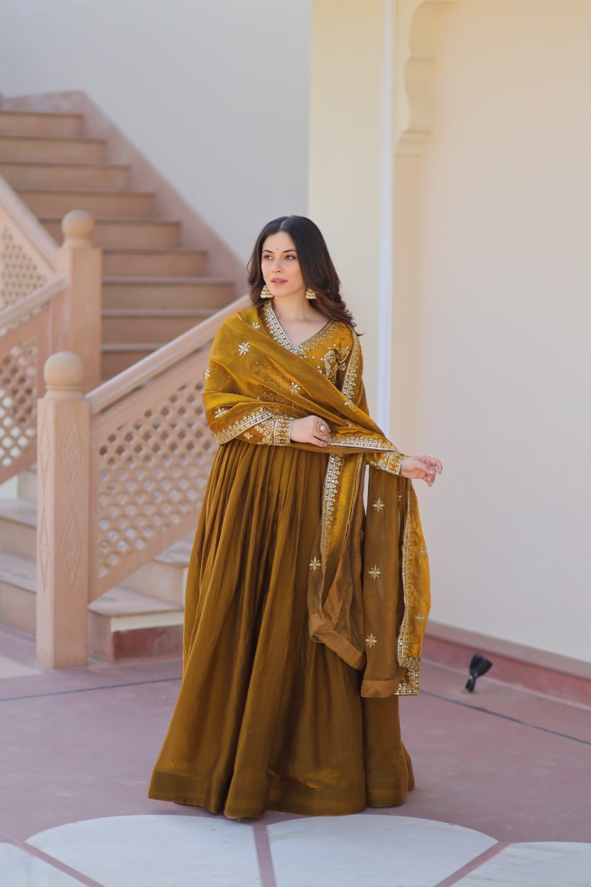 Classic Mehendi Green Embroidered Fendi Anarkali Gown With Dupatta