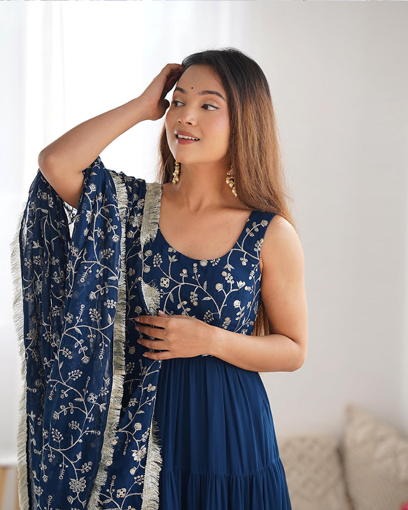 Fascinating Teal Blue Embroidered Georgette Anarkali Gown With Dupatta