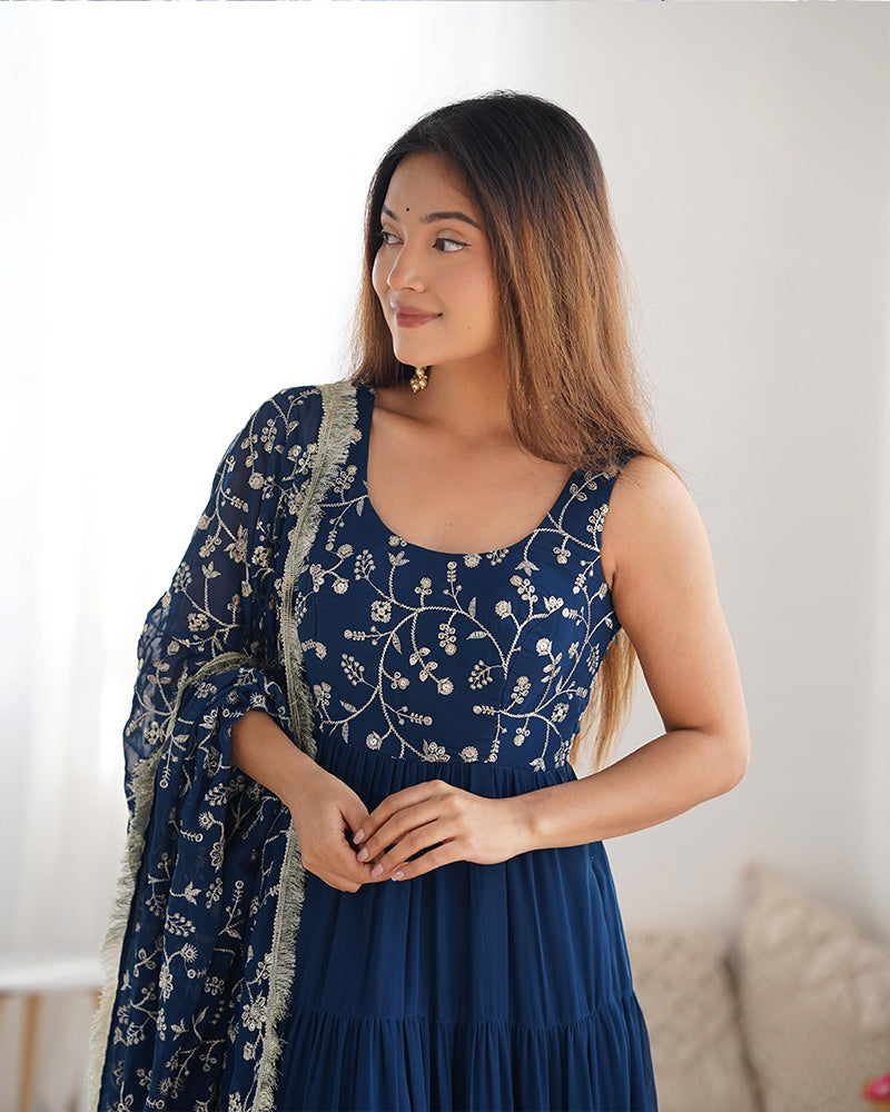 Fascinating Teal Blue Embroidered Georgette Anarkali Gown With Dupatta