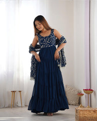 Fascinating Teal Blue Embroidered Georgette Anarkali Gown With Dupatta