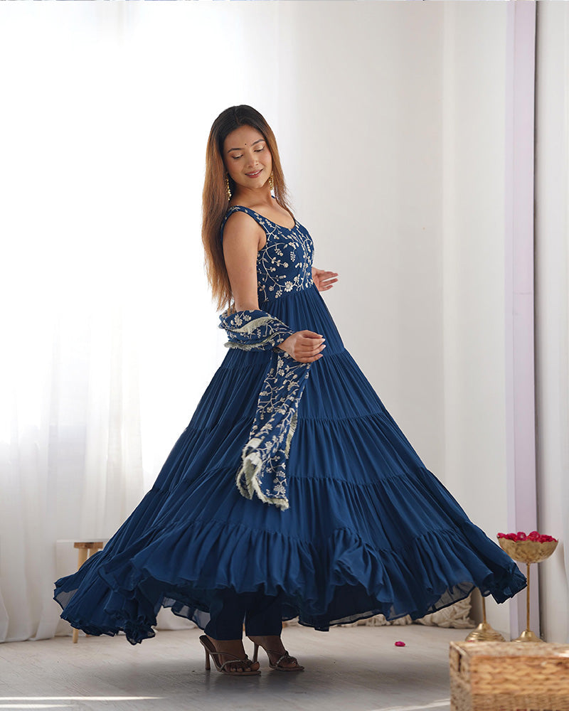 Fascinating Teal Blue Embroidered Georgette Anarkali Gown With Dupatta