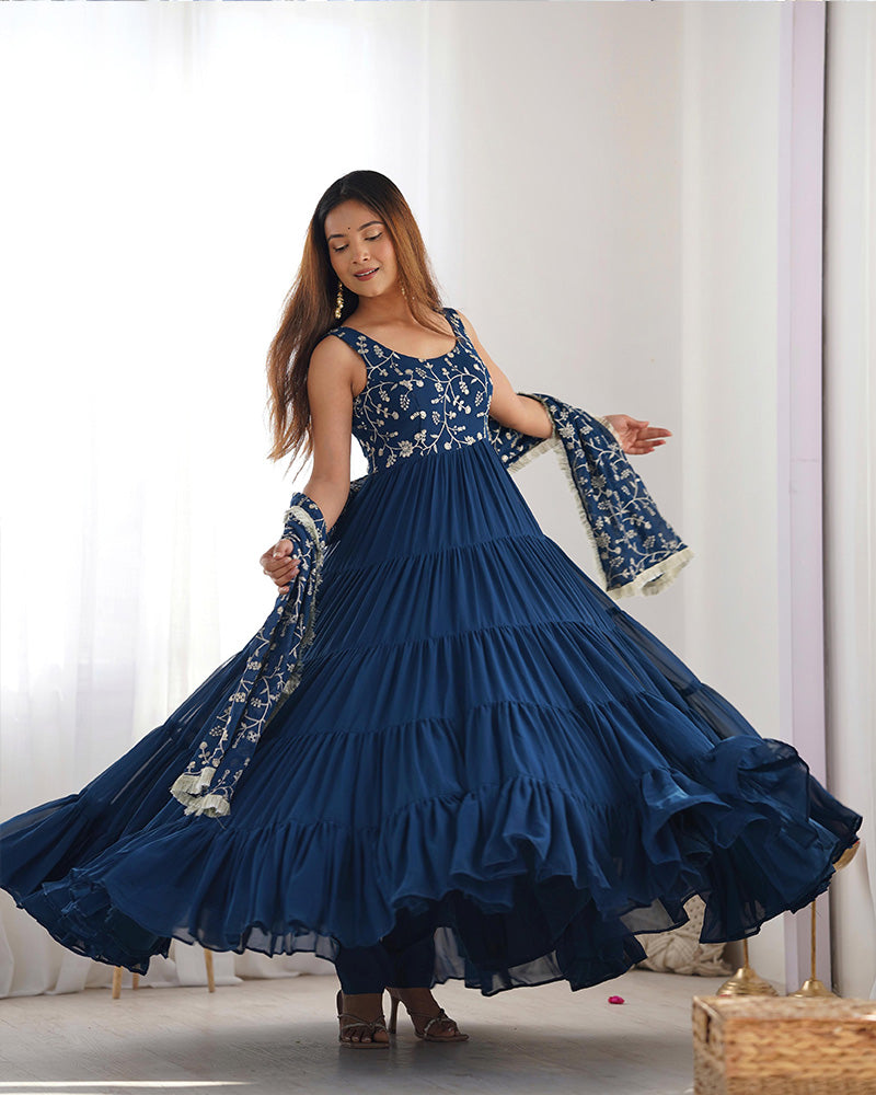 Fascinating Teal Blue Embroidered Georgette Anarkali Gown With Dupatta