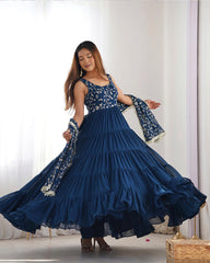 Fascinating Teal Blue Embroidered Georgette Anarkali Gown With Dupatta