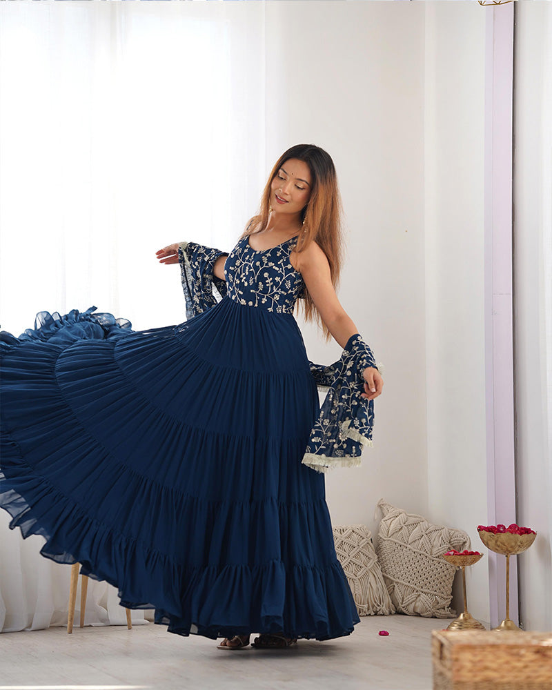 Fascinating Teal Blue Embroidered Georgette Anarkali Gown With Dupatta