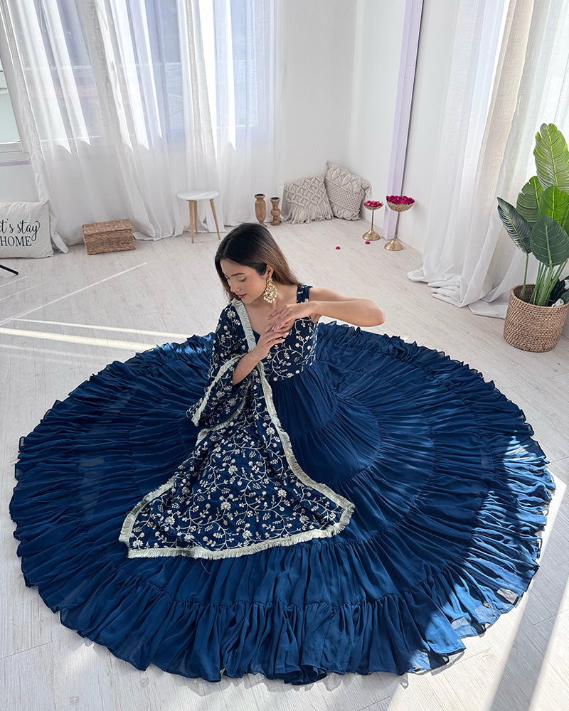 Fascinating Teal Blue Embroidered Georgette Anarkali Gown With Dupatta