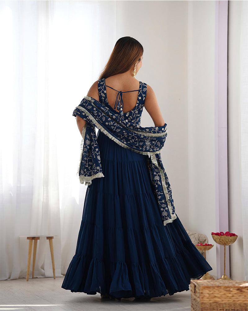 Fascinating Teal Blue Embroidered Georgette Anarkali Gown With Dupatta