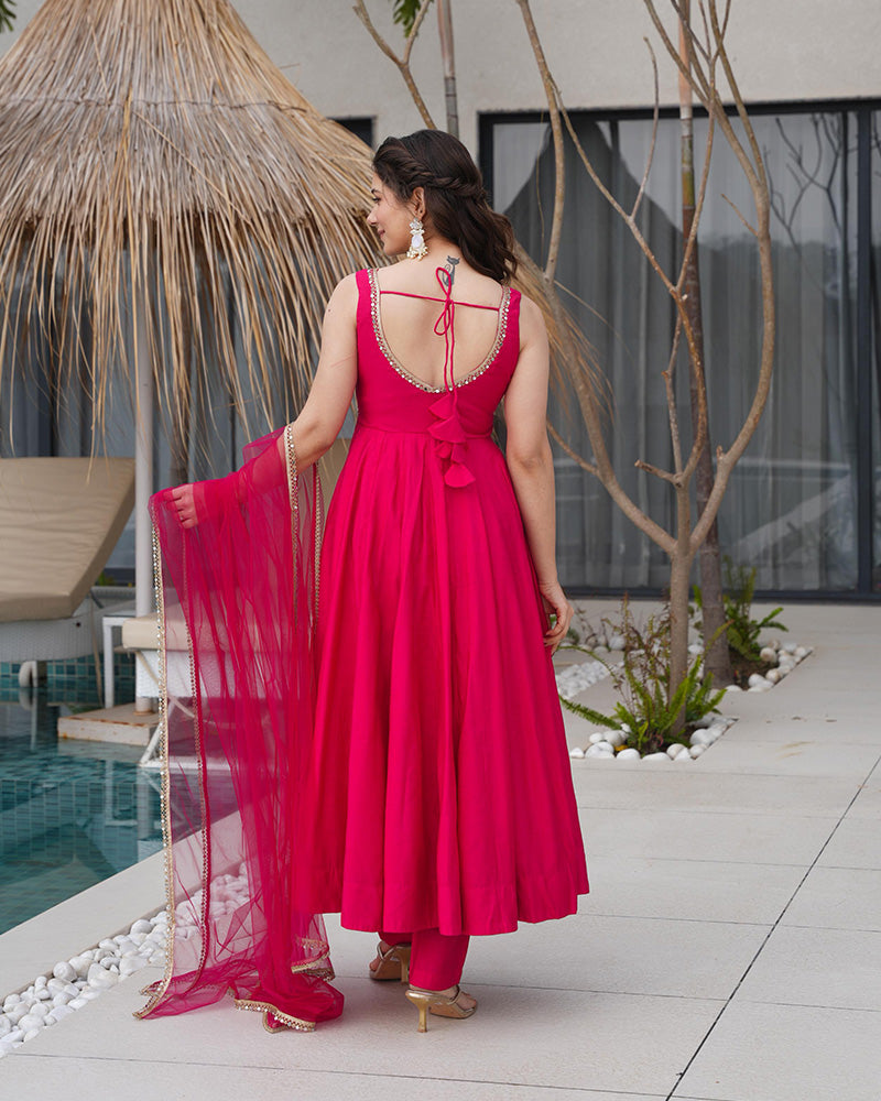 Ruby Pink Color Chanderi Pure Roman Silk Anarkali Suit