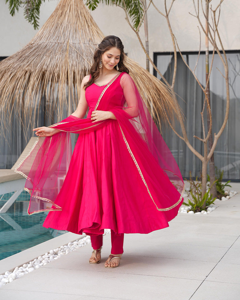 Ruby Pink Color Chanderi Pure Roman Silk Anarkali Suit