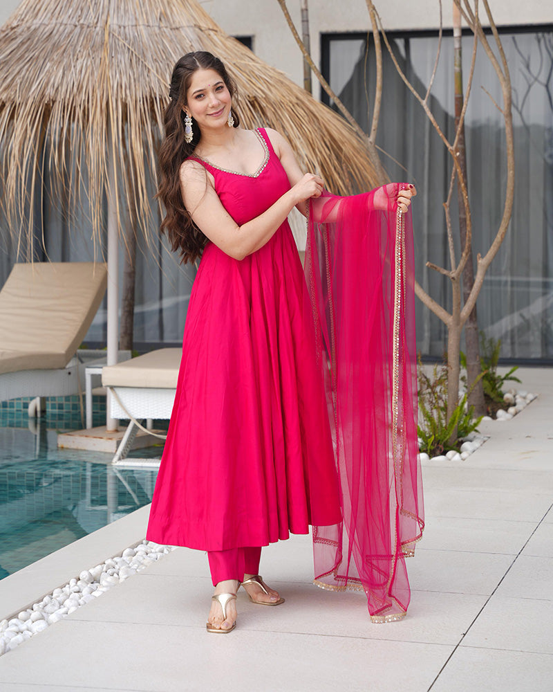 Ruby Pink Color Chanderi Pure Roman Silk Anarkali Suit