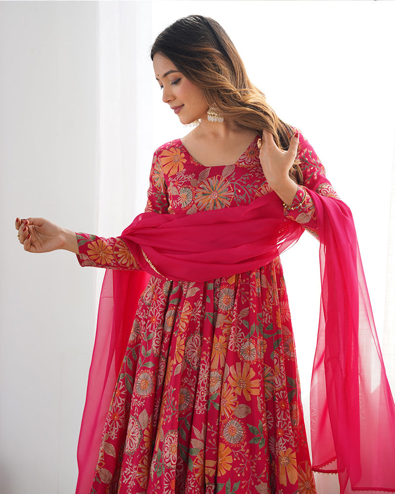 Attractive Rani Pink Floral Printed Silk Festival Wear Palazzo Suit