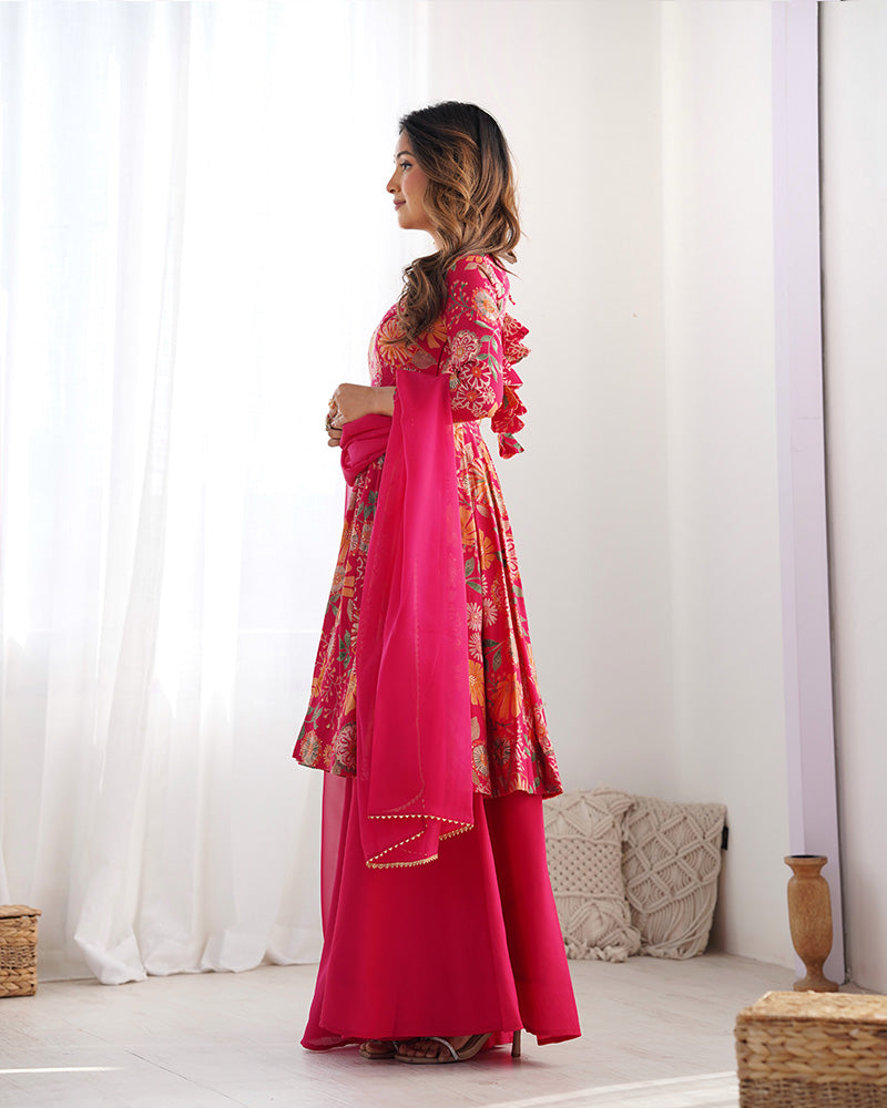 Attractive Rani Pink Floral Printed Silk Festival Wear Palazzo Suit