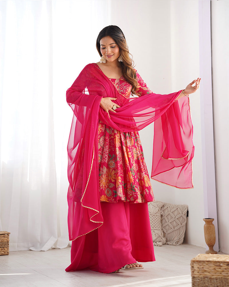 Attractive Rani Pink Floral Printed Silk Festival Wear Palazzo Suit