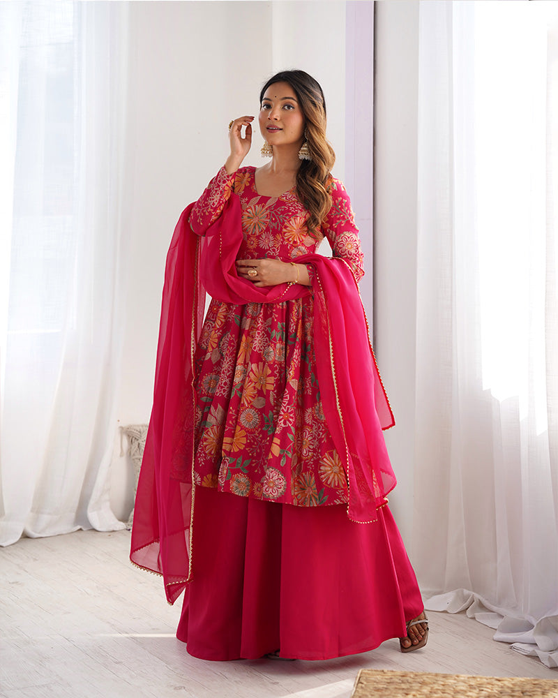 Attractive Rani Pink Floral Printed Silk Festival Wear Palazzo Suit