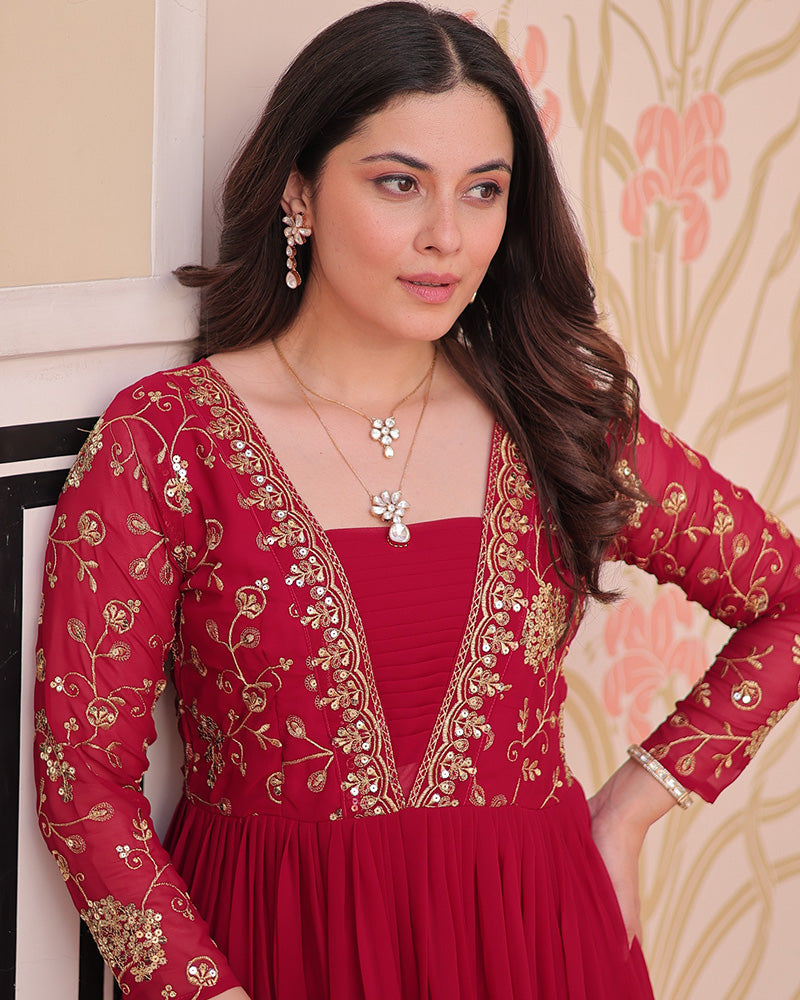 Regal Rani Pink Zari Embroidery Georgette Wedding Wear Gown