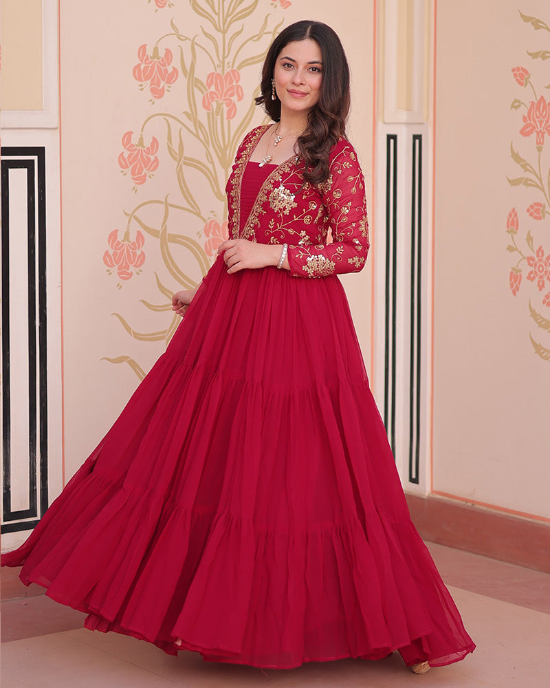 Regal Rani Pink Zari Embroidery Georgette Wedding Wear Gown