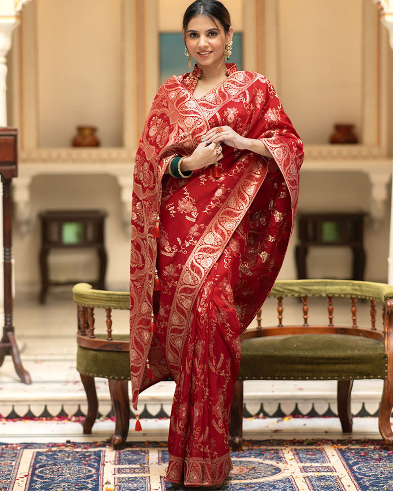 BUCOLIC RED SOFT SILK SAREE WITH TRADITIONAL BLOUSE PIECE