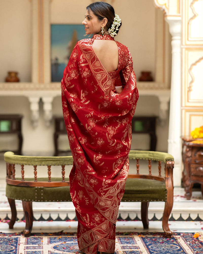 BUCOLIC RED SOFT SILK SAREE WITH TRADITIONAL BLOUSE PIECE