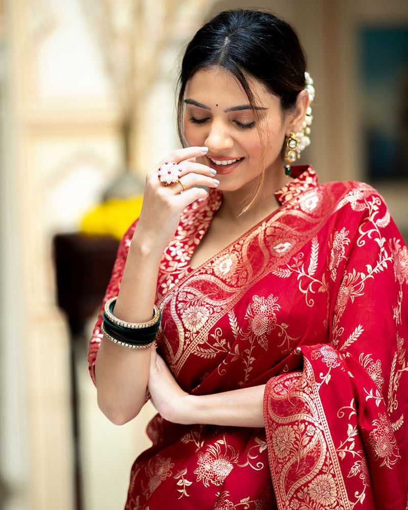 BUCOLIC RED SOFT SILK SAREE WITH TRADITIONAL BLOUSE PIECE