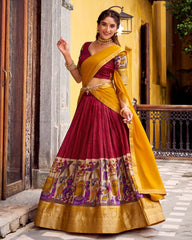 DESIRABLE RED CHANDERI SILK KALAMKARI PRINTED HALF SAREE LEHENGA