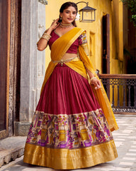DESIRABLE RED CHANDERI SILK KALAMKARI PRINTED HALF SAREE LEHENGA