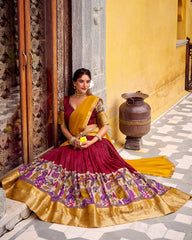 DESIRABLE RED CHANDERI SILK KALAMKARI PRINTED HALF SAREE LEHENGA