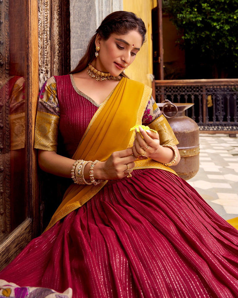 DESIRABLE RED CHANDERI SILK KALAMKARI PRINTED HALF SAREE LEHENGA