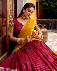 DESIRABLE RED CHANDERI SILK KALAMKARI PRINTED HALF SAREE LEHENGA