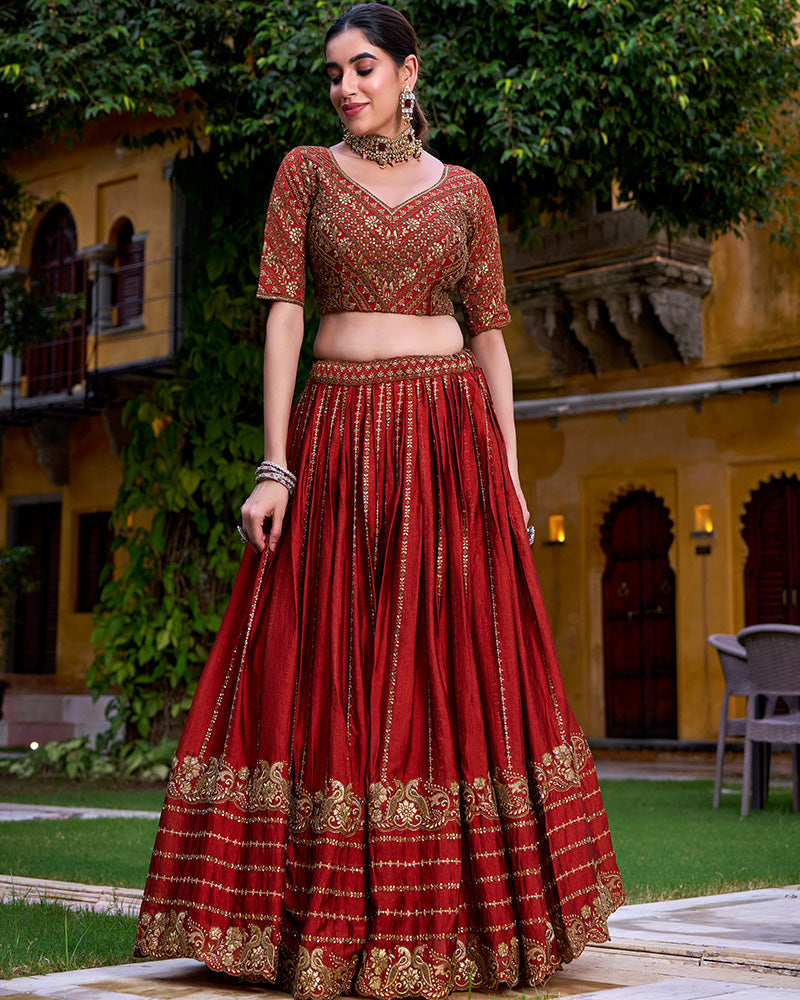 EXCELLENT RED SEQUINS SILK WEDDING LEHENGA CHOLI WITH DUPATTA BY MITVAL