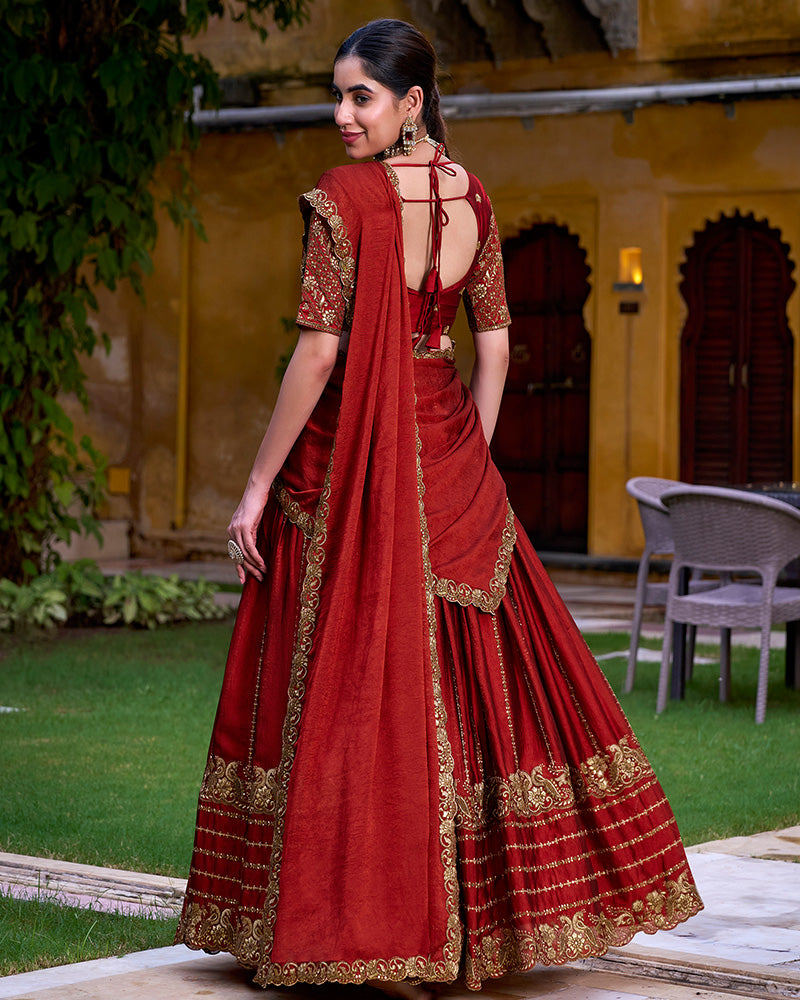 EXCELLENT RED SEQUINS SILK WEDDING LEHENGA CHOLI WITH DUPATTA BY MITVAL
