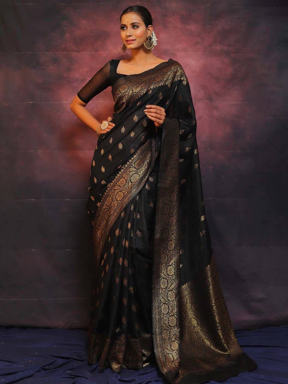 SOPHISTICATED BLACK SOFT SILK SAREE WITH TWIRLING BLOUSE PIECE