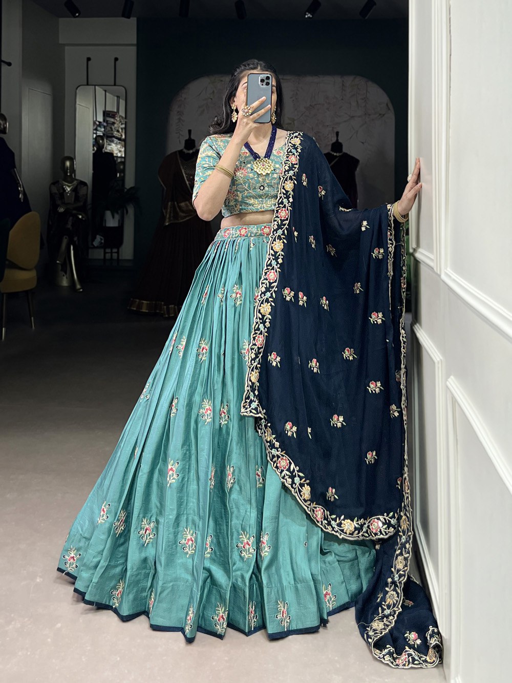 Designer Sky Blue Sequins Tread Embroidered Work Designer Wedding Lehenga Choli