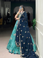 Designer Sky Blue Sequins Tread Embroidered Work Designer Wedding Lehenga Choli