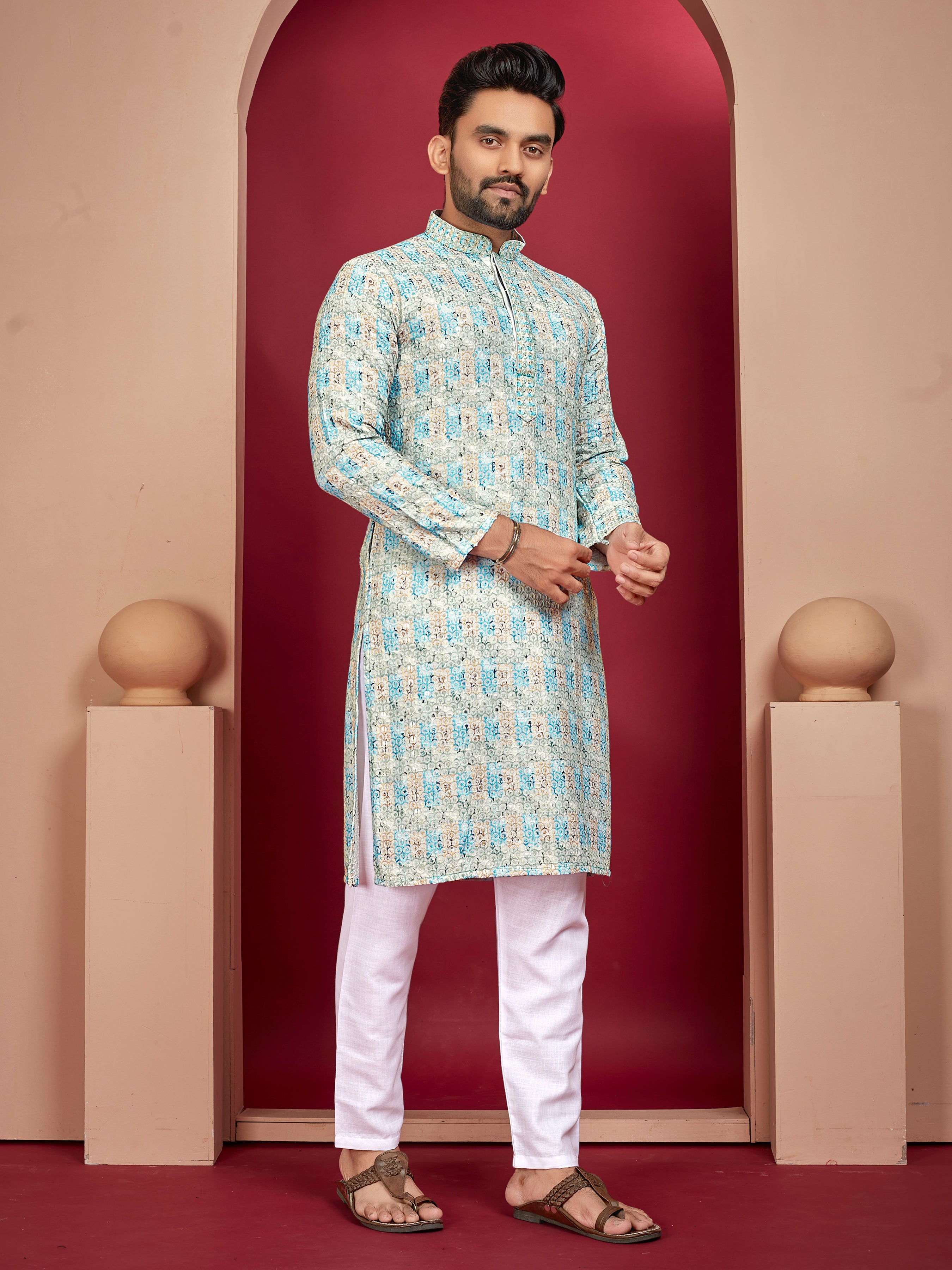Sky Blue Wedding Mens Kurta Pajama In Rayon With Heavy Lucknowi And Printed Work