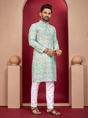 Sky Blue Wedding Mens Kurta Pajama In Rayon With Heavy Lucknowi And Printed Work
