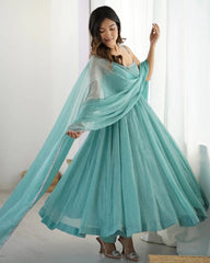 Chic Sky Blue Silk Swarovski Work Traditional Anarkali Suit