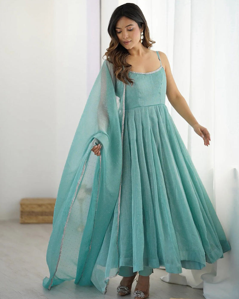 Chic Sky Blue Silk Swarovski Work Traditional Anarkali Suit