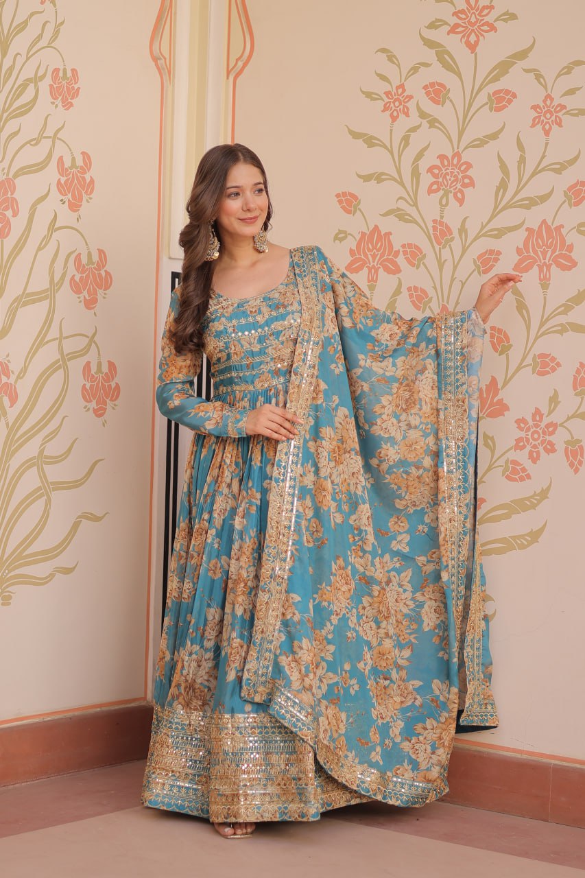 Teal Blue Russian Silk Print Embroidered Sequins Work Gown with Dupatta