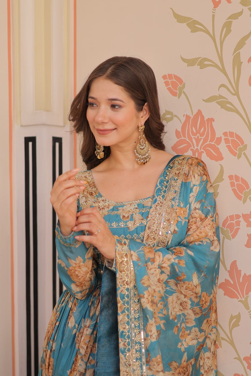 Teal Blue Russian Silk Print Embroidered Sequins Work Gown with Dupatta