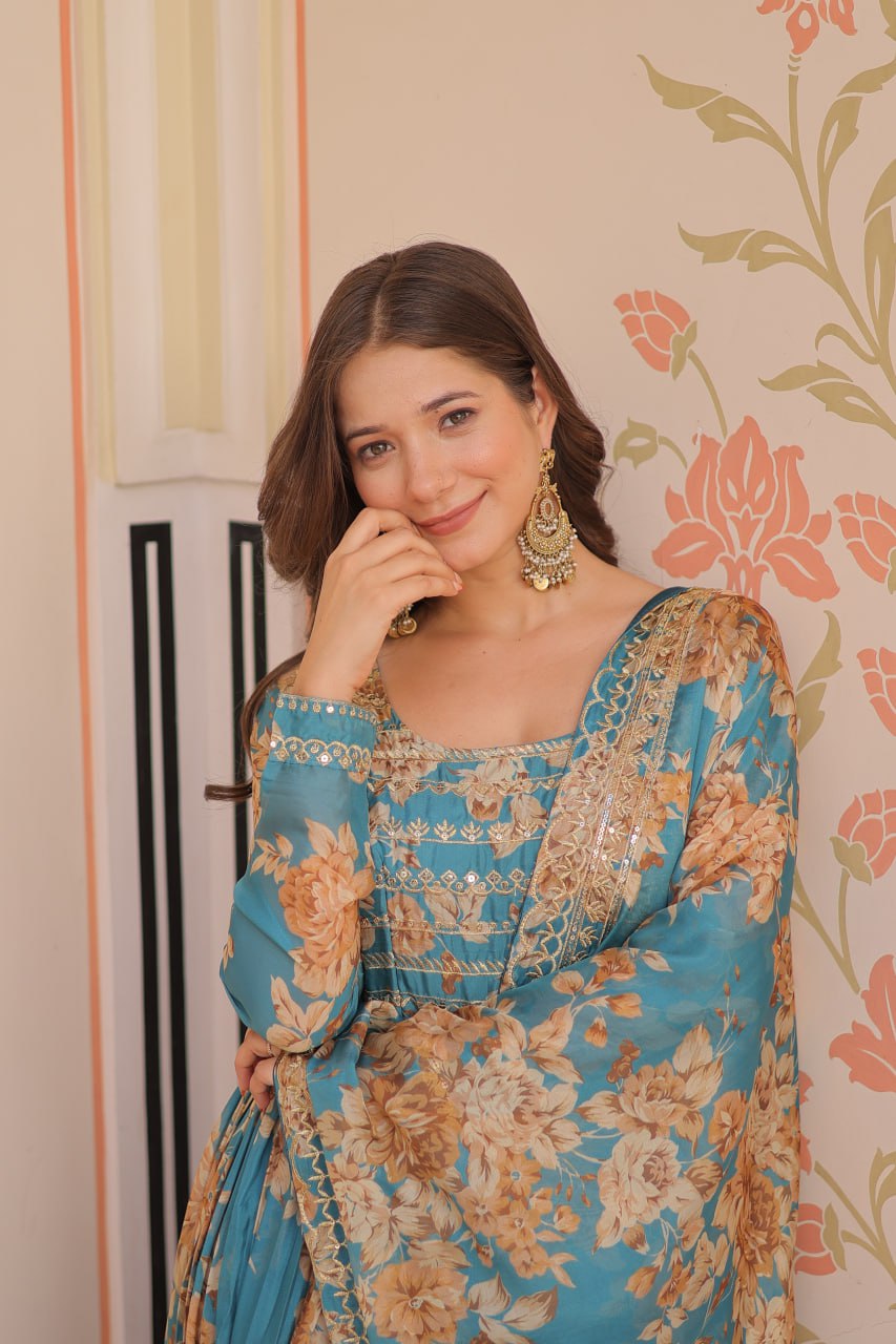 Teal Blue Russian Silk Print Embroidered Sequins Work Gown with Dupatta
