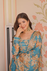 Teal Blue Russian Silk Print Embroidered Sequins Work Gown with Dupatta