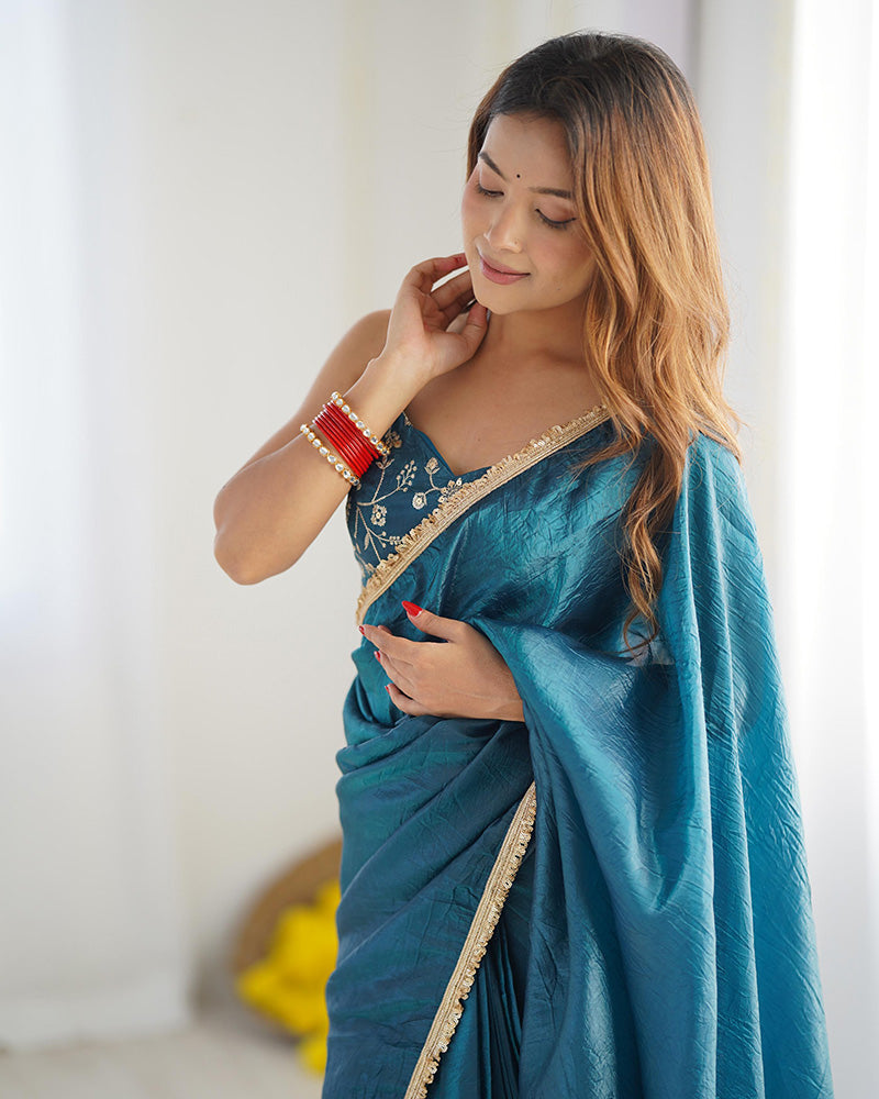 ENCHANTING TEAL BLUE TISSUE SILK PRE STITCHED SAREE WITH BLOUSE