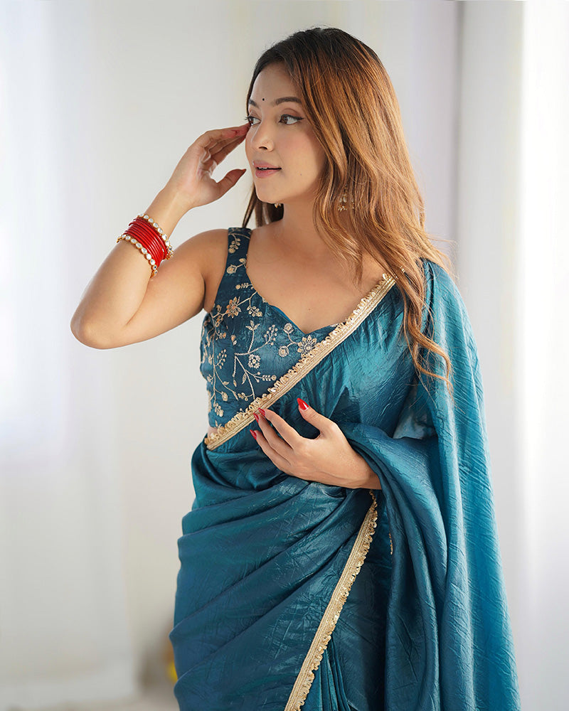 ENCHANTING TEAL BLUE TISSUE SILK PRE STITCHED SAREE WITH BLOUSE